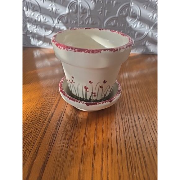4" Wine Sponge Paint Hand Painted Floral 4" Planter Pot W/saucer - Picture 1 of 6